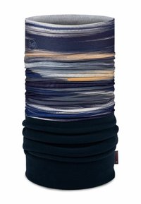 Multifunktionales Nackentuch aus stretchigem Material mit einem geschichteten Design in Blau und Beige, das eine glatte Textur und ein Fleece-Futter aufweist.