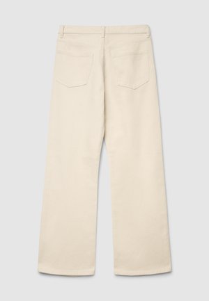 Pantalon beige à jambes larges en coton, avec une taille haute, deux poches arrière et des ourlets droits et nets. Texture sergé durable.
