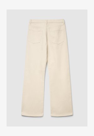 Pantaloni beige a gamba larga in cotone, con vita alta, due tasche posteriori e orli puliti e dritti. Tessuto twill resistente.