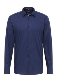 Marineblauw overhemd met lange mouwen, gemaakt van soepel stof, met een klassieke kraag, knoopsluiting aan de voorkant en zwarte knopen.