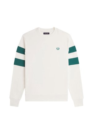 Sudadera blanca de algodón, con rayas horizontales verdes en las mangas, puños y dobladillo acanalados, y un pequeño logo en el pecho.