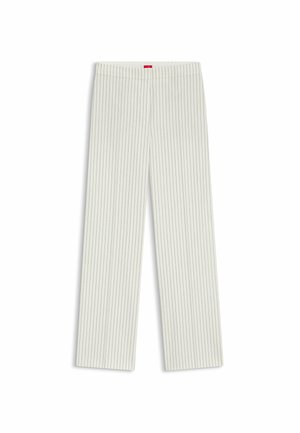 Light-colored, wide-leg trousers with vertical pinstripes. Features a smooth texture and elastic waistband; includes a small red tag on the back.