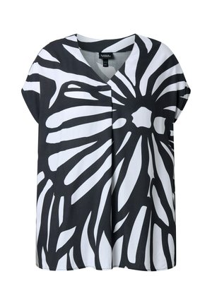 Czarna i biała bluzka z krótkim rękawem i dekoltem w serek, z wyrazistym abstrakcyjnym kwiatowym wzorem oraz luźnym krojem.