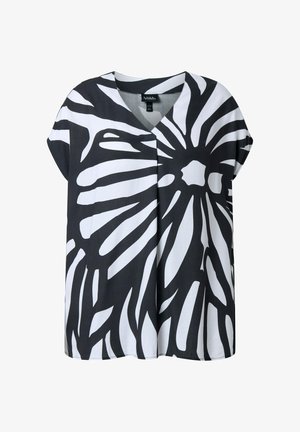 Schwarz-weiße Bluse mit kurzen Ärmeln und V-Ausschnitt, mit einem kräftigen abstrakten Blumenmuster und einer lässigen Passform.