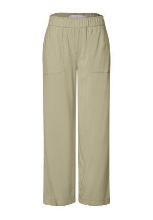 Pantaloni larghi di colore verde chiaro, con vita elasticizzata, due tasche frontali e tessuto morbido e liscio; progettati per comfort e facilità d'uso.