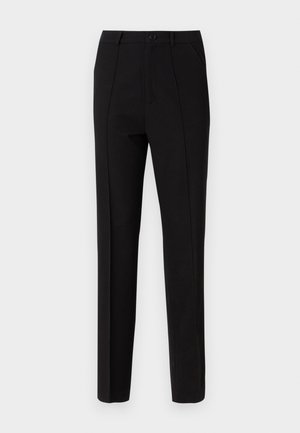 Pantalon noir à coupe slim, doté d'une fermeture à bouton, de deux poches latérales et d'une texture de tissu lisse. Des rayures verticales sont visibles.
