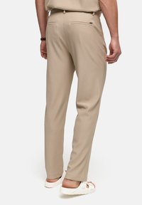 Beige, gestreepte broek met een slim fit, voorzien van twee achterzakken en een gladde textuur. Gecombineerd met lichte, casual schoenen.