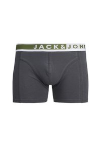 Caleçons boxers en coton gris avec une ceinture élastique blanche et verte olive arborant "JACK & JONES" en lettres majuscules. Texture lisse, design ajusté.