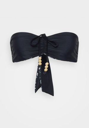 Top de bikini bandeau negru cu textură plissată, având un accent cu nod și mărgele. Material neted cu curele ajustabile pentru o potrivire perfectă.