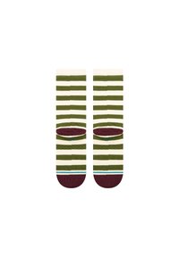 Green and cream striped socks with maroon accents, featuring a solid toe and heel, made of a soft, stretchy material.
