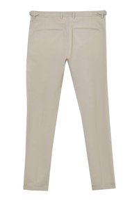 Beige-Hosen mit schmaler Passform, aus glattem Stoff, mit flacher Vorderseite, Gürtelschlaufen und zwei Gesäßtaschen.
