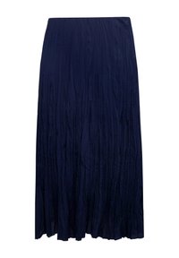 Gonna plissettata blu navy realizzata in tessuto leggero, caratterizzata da pieghe verticali e un design fluido. Lunghezza alla caviglia con vita elastica.