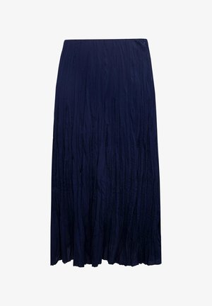 Granatowa plisowana spódnica wykonana z lekkiego materiału, z pionowymi fałdami i zwiewnym krojem. Długość do kostek, z elastycznym paskiem w talii.