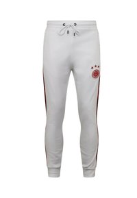 Witte joggers met een tapered fit, zwarte trekkoord, rode zijstripes en een cirkelvormig logo met drie sterren op de linkerdij.
