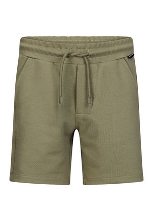 Olivgrüne Freizeithosen mit Kordelzugbund, Vordertaschen und einem kleinen schwarzen Markenzeichen auf der rechten Seite.