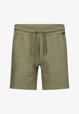 Olijfgroene casual korte broek met trekkoord in de taille, zakken aan de voorkant en een klein zwart merkje aan de rechterkant.