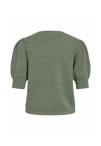 Groene, gebreide korte mouwen trui met opgeblazen mouwen en geribbelde manchetten, bekeken van achteren tegen een witte achtergrond.