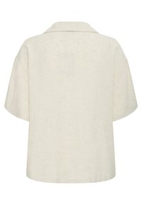 Chemise beige en lin à manches courtes, manches larges et coupe carrée décontractée, vue de dos.