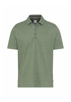 Green polo shirt with a subtle geometric pattern, short sleeves, collar, and three-button placket, made from soft fabric.