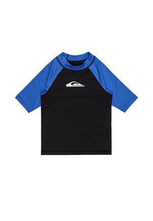 Short-sleeve black and blue rash guard shirt with a white surf brand logo centered on the chest.
