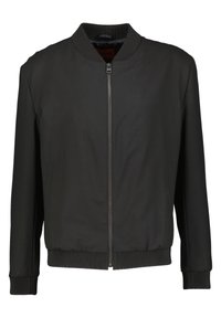 Schwarze Bomberjacke mit Reißverschluss und geripptem Kragen. Verfügt über seitliche Taschen und gerippte Bündchen für einen figurbetonten Look. Glattes, leichtes Material.