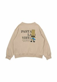 Beige sweatshirt met een cartoonfiguur met spaghetti als haar, tekst "PASTA LA VISTA," en geribbelde boorden aan de mouwen.