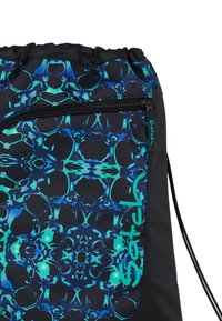 Drawstring backpack in black, featuring a blue and turquoise abstract pattern, zip pocket, and 'Satch' logo in teal. Smooth texture.