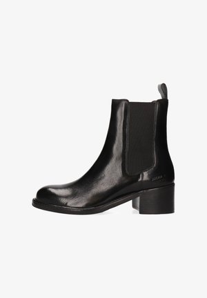 Black leather ankle boot with elastic side panels, rounded toe, and a chunky heel. Features a pull tab for easy on-off access.