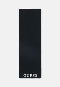Juodas šalikas, pagamintas iš megztos medžiagos. Turi paprastą, stačiakampį pavidalą su baltu „GUESS“ logotipu arti apačios. Lygus paviršius.
