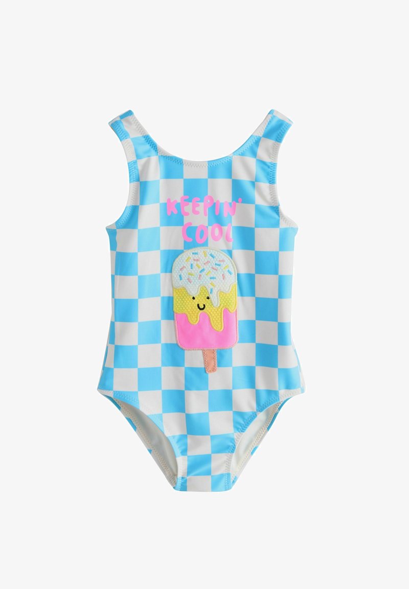 Himmelblauer und weiß karierter Badeanzug mit einem runden Eiskegel-Graphic und dem Text "KEEPIN' COOL" in Pink. Aus dehnbarem Stoff gefertigt.