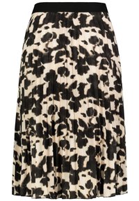 Faltenrock mit einem schwarz-cremfarbenen abstrakten Blumendruck. Verfügt über einen schwarzen elastischen Bund und ein strukturiertes Gewebe. Die Länge reicht bis über das Knie.