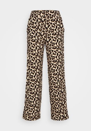 Pantaloni a gamba larga con stampa leopardata in una combinazione di colori beige e nero. Tessuto morbido, presenta un classico motivo animale e una fascia elastica in vita.