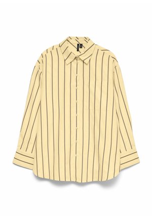 Šviesiai smėlio spalvos ilgomis rankovėmis marškiniai su juodomis vertikaliomis juostomis, su smailiu apykakliu ir kišenėle kairėje krūtinės pusėje.