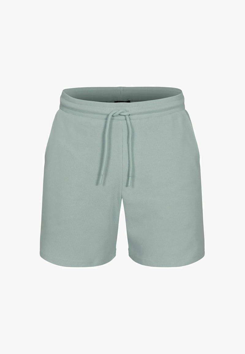 Ljusgröna shorts i texturerat tyg, med dragsko i midjan och en avslappnad passform. Inga fickor eller ytterligare detaljer synliga.