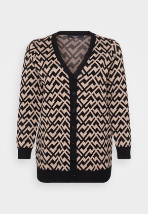 Knitted cardigan in beige and black, featuring a zigzag pattern, V-neck design, long sleeves, and six black buttons down the front.