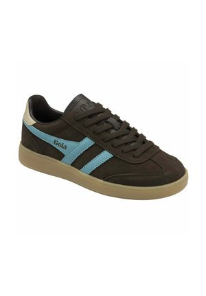Brown suede sneaker with blue stripes, beige sole, and black laces, featuring the Gola logo on the side and tongue.