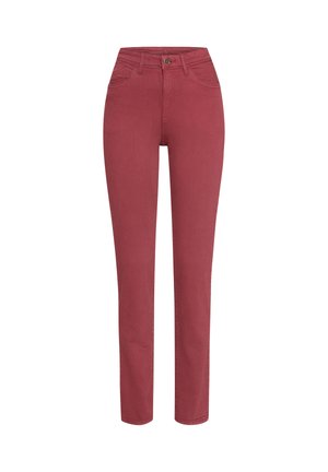 Rote enganliegende Jeans aus Denim mit hoher Taille, fünf Taschen, Knopfverschluss und glatter Textur.