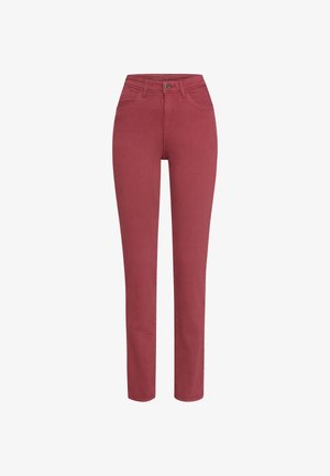 Rote enganliegende Jeans aus Denim mit hoher Taille, fünf Taschen, Knopfverschluss und glatter Textur.