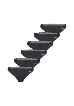 Sechs schwarze Damen-Bikini-Slips mit einem Spitzenbund und einem kleinen weißen "Sloggi" Logo auf der rechten Vorderseite.