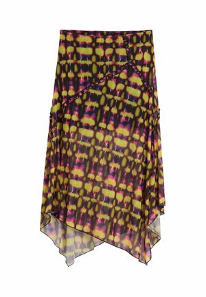 Gonna asimmetrica con motivo astratto giallo, rosa e nero e dettaglio di volant diagonale su tessuto leggero.
