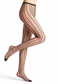 Collants en résille noirs avec un motif en losange et un maillage texturé. Le design inclut une taille opaque noire et un bout opaque.