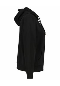 Zwarte hoodie met een kangoeroe-pocket, geribbelde manchetten en een trekkoord. Zachte stof met een strakke uitstraling en geen zichtbare patronen.