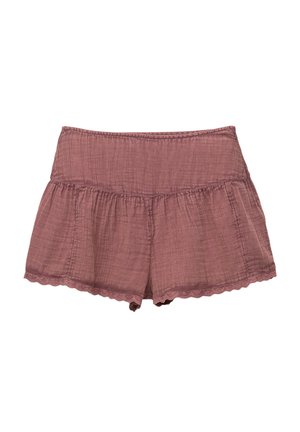 Shorts en tissu léger mauve avec un design évasé, un ourlet festonné et une taille élastique pour le confort. Style décontracté texturé.