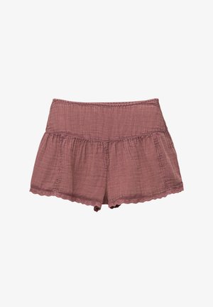 Lila, leichte Stoffshorts mit einem ausgestellten Design, gewelltem Saum und einem elastischen Bund für Komfort. Strukturiert, lässiger Stil.