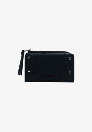 Black wallet with textured leather, featuring a zip closure, decorative stitching, and silver studs. Logo embossed on the front.