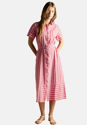 Pink and white striped shirt dress made of lightweight fabric, featuring short sleeves, a button-down front, and a waist belt.