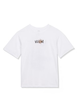 T-shirt blanc à manches courtes avec un petit graphique de soleil noir et orange et un texte stylisé au centre de la poitrine.