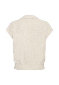 Heledad beež värviline lühikeste varrukatega sviiter ribatekstuuri, ümarate krae ja elastse alumise äärega, mis tagab kehakujule sobiva silueti. 