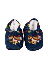 Pantofole di peluche blu con personaggi di cani dei cartoni animati, foderate in morbido pelo bianco, e fantasie colorate di teschi su un tessuto soffice. Design a punta arrotondata.