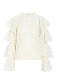 Maglione bianco a costine con maniche a strati e svasate in un tessuto testurizzato. Ha un collo rotondo e una vita aderente.